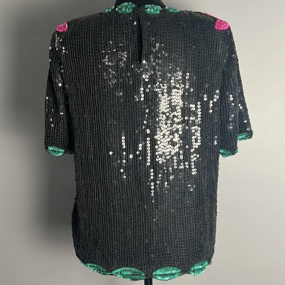 Vintage Stenay 100% Silk Floral Beaded Sequin Floral Blouse Shirt - Picture 6 of 7
